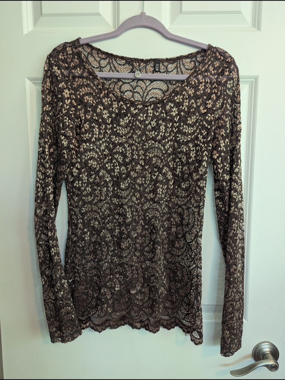 BKE Brown Lace Long-Sleeve Scoop Neck Top